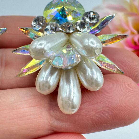 Vintage Rhinestone Earrings AB Rivoli Navettes Runway Ballroom Faux Pearls Bling - Picture 8 of 17